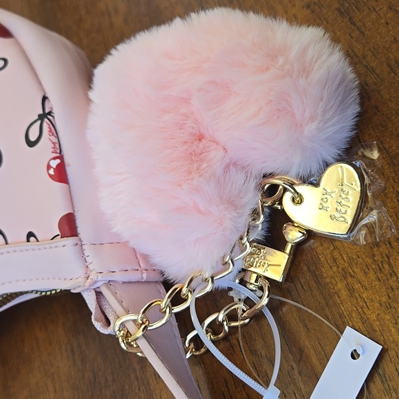 Betsey Johnson PINK Cherry Bow Hobo Bag & Plush Bag Charm Hearts Locket NEW NWT - Picture 2 of 7
